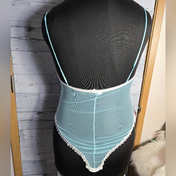Vtg 70s Lace Trimmed Aqua Teal Nylon Lingerie Teddy Negligee Bodysuit - Picture 3 of 9